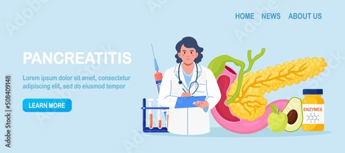 Pancreatitis concept. Gastroenterologist diagnose pancreas inflammation. Doctor examine patient. Digestive system disease treatment. Internal organs cancer. Vector design