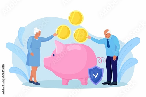 Elderly husband and wife throwing coins into piggy bank. Pensioners couple keeping money in bank deposit account. Pension savings investment in retirement mutual fund. Retirement, family budget Vector