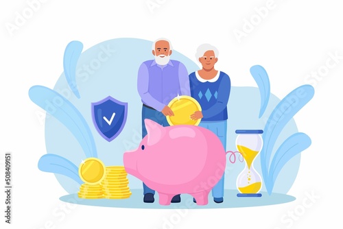 Elderly husband and wife throwing coins into piggy bank. Pensioners couple keeping money in bank deposit account. Pension savings investment in retirement mutual fund. Retirement, family budget Vector