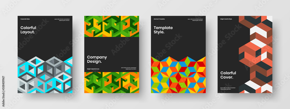 Multicolored geometric shapes postcard template composition. Trendy catalog cover A4 vector design illustration set.
