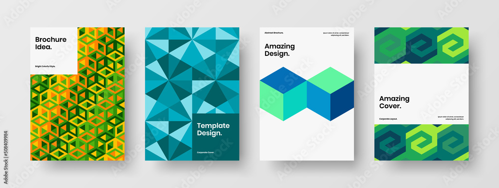 Modern booklet A4 design vector concept composition. Clean mosaic pattern corporate brochure layout set.