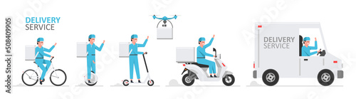 Online delivery service. Truck, drone, electric scooter, gyroboard, scooter and bicycle courier. Delivery service concept