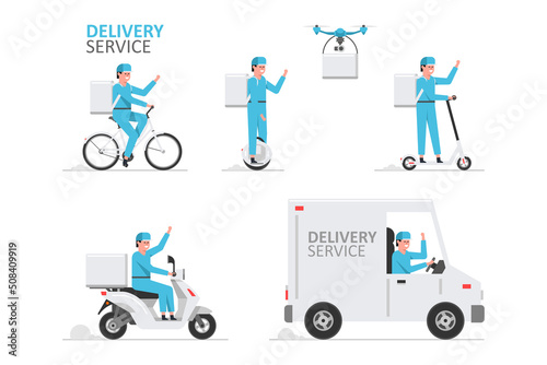 Online delivery service. Truck, drone, electric scooter, gyroboard, scooter and bicycle courier. Delivery service concept