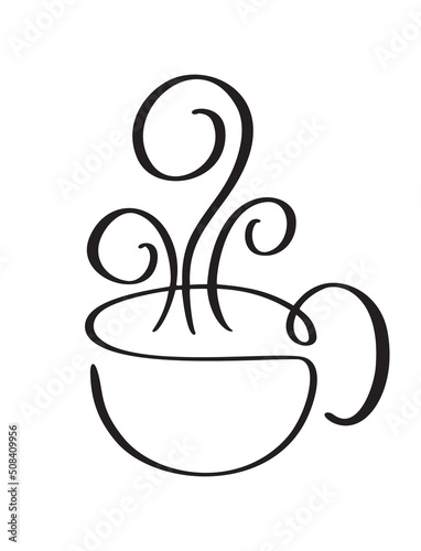 Vector calligraphy coffee or tea cup with steam. Black and white calligraphic illustration. hand drawn design for logo, icon cafe, menu, textile material