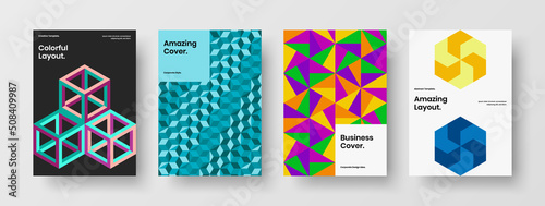 Multicolored mosaic shapes annual report illustration bundle. Fresh book cover vector design template composition.