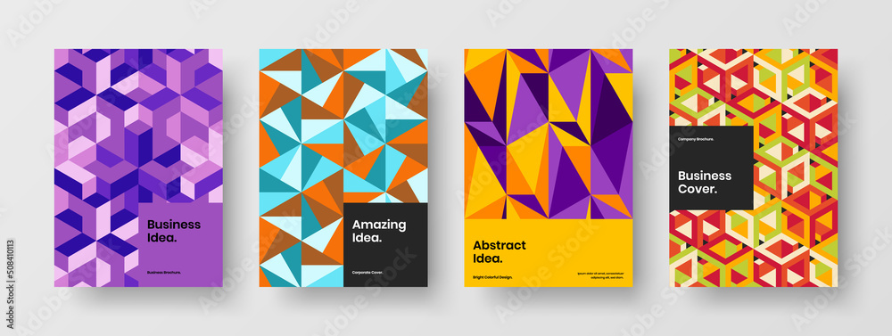 Clean geometric hexagons pamphlet illustration composition. Multicolored brochure design vector layout set.
