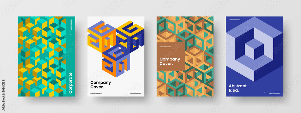 Original company brochure A4 vector design template collection. Fresh mosaic shapes magazine cover illustration set.