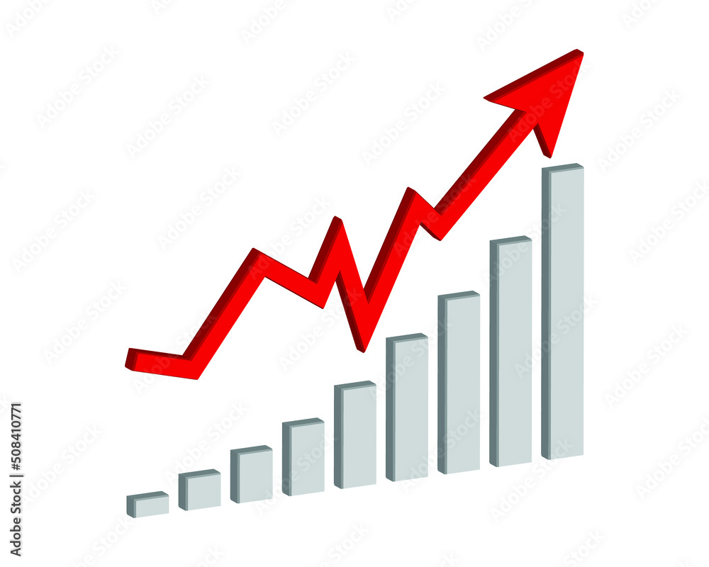 Business graph with going up red arrow on white background, Profit red arrow, Vector illustration.Business concept, growing chart. Concept of sales symbol icon with arrow moving up. Economic Arrow. Business graph with going up red arrow on white background, Profit red arrow, Vector illustration.Business concept, growing chart. Concept of sales symbol icon with arrow moving up. Economic Arrow.