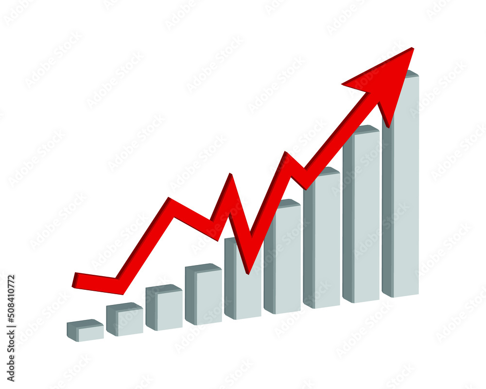 Business graph with going up red arrow on white background, Profit red arrow, Vector illustration.Business concept, growing chart. Concept of sales symbol icon with arrow moving up. Economic Arrow. Business graph with going up red arrow on white background, Profit red arrow, Vector illustration.Business concept, growing chart. Concept of sales symbol icon with arrow moving up. Economic Arrow.