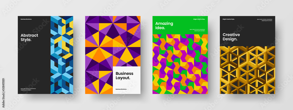 Modern placard A4 design vector template collection. Colorful mosaic hexagons catalog cover illustration composition.