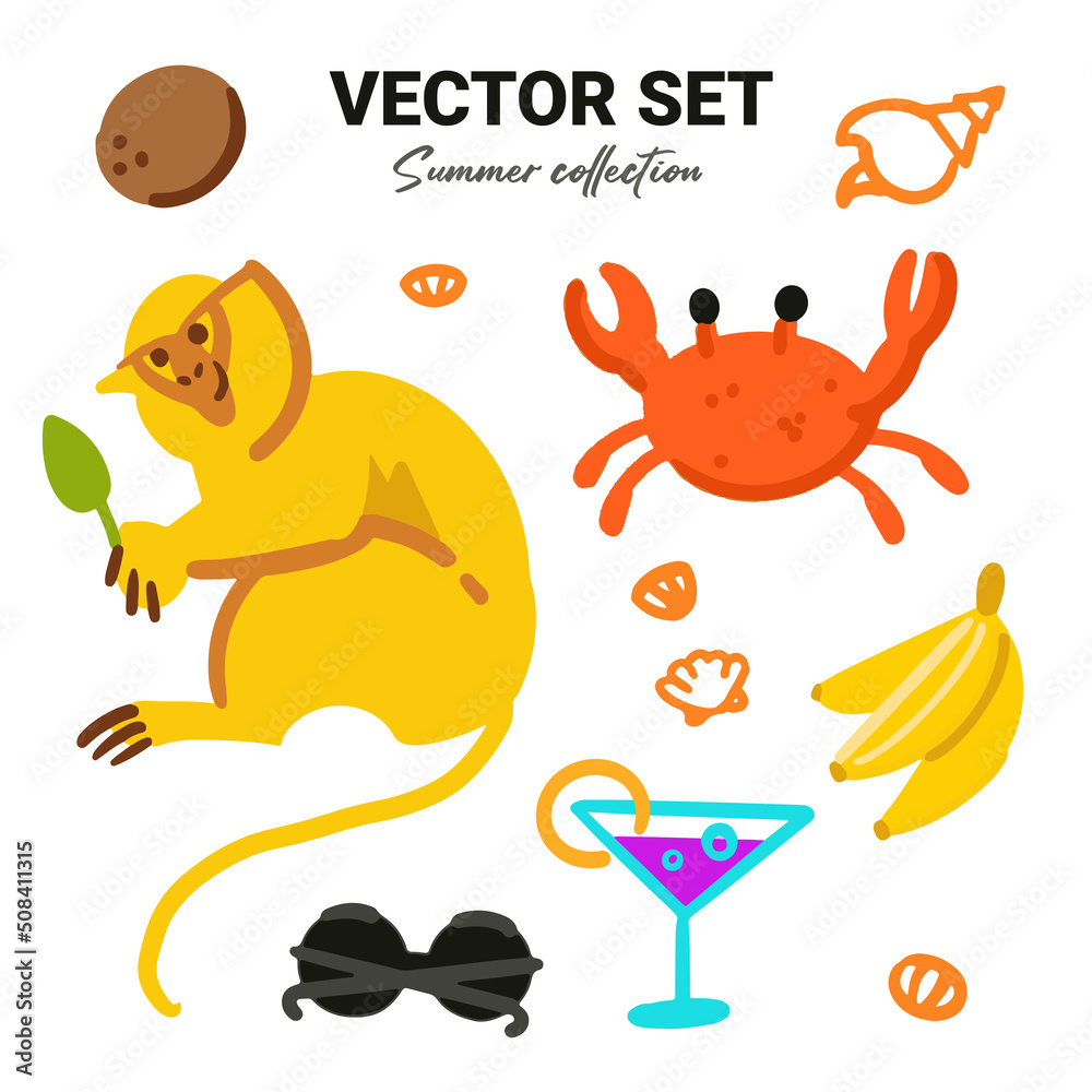 Vector set of summer tropical vacation items. Vacation in the hotel and in the wild.