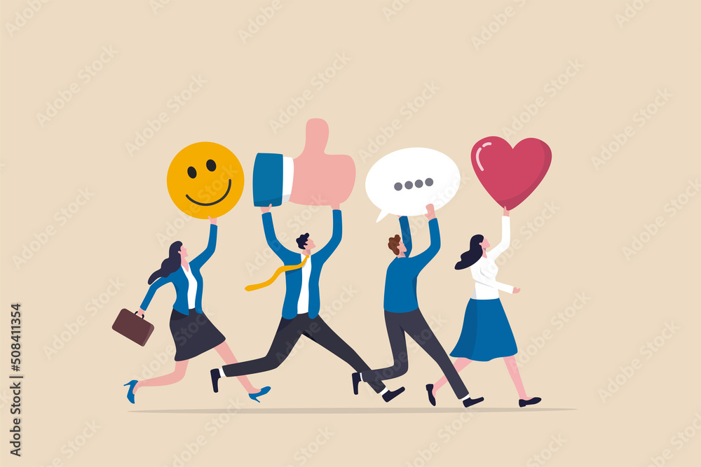 Social media team, community management or online advertising, manage social network or communication concept, business people social media team holding thumb up, love, speech bubble and smile sign.