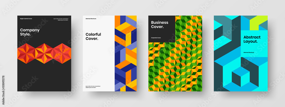 Fototapeta premium Multicolored postcard A4 vector design concept set. Original geometric shapes cover illustration collection.