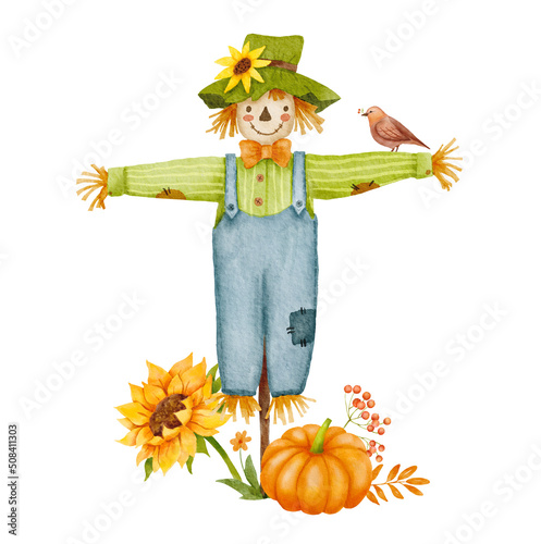 Watercolor scarecrow character with bird, sunflower and pumpkin isolated on white. Autumn decor. Fall composition photo