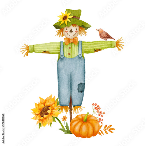 Quadro su tela Watercolor scarecrow character with bird, sunflower and pumpkin isolated on white