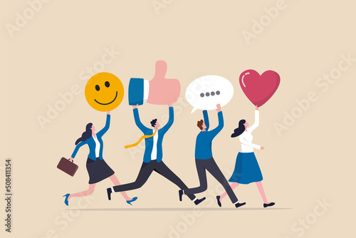 Social media team, community management or online advertising, manage social network or communication concept, business people social media team holding thumb up, love, speech bubble and smile sign. photo