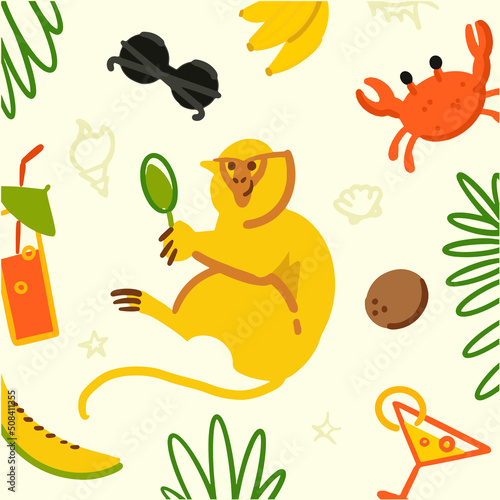 Tropical vacation vector illustration with monkey with drinks  coconuts and bananas