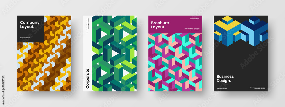 Fresh corporate brochure vector design concept set. Trendy geometric hexagons cover template bundle.