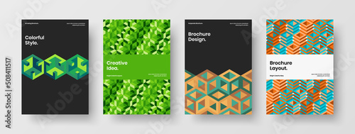 Trendy placard A4 design vector template bundle. Vivid mosaic pattern brochure illustration set.