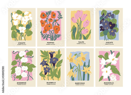 Vector illustration set of botanical posters different flowers. Art for for postcards, wall art, banner, background.