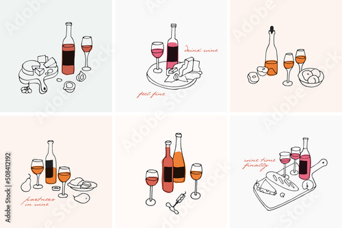 Vector trendy illustration template and icons in linear style - wine sets with bottles of wine, glasses and plates with cheese and fruits.