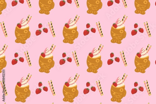 Taiyaki soft serve strawberry flavor with strawberry and rolled waffle pattern on pink background. Pattern for ice cream decoration, wallpaper, Japanese street food, wrapping paper. Flat vector