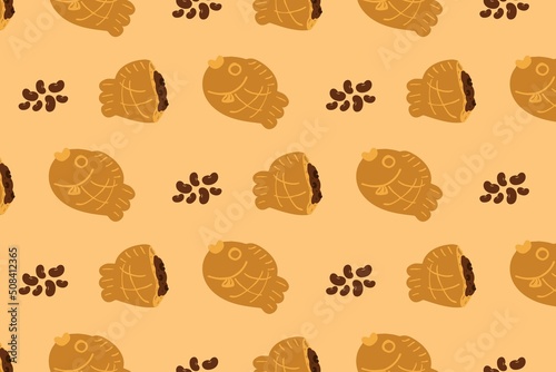 Pattern of Japanese dessert Taiyaki with red beans on light brown background. Japanese street food dessert filled with sweet Azuki beans paste. Flat vector illustration. Food cartoon.