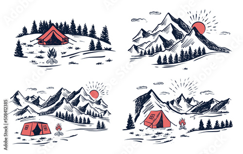 Tent camping in forest near mountains, set, hand drawn illustrations. Vector.
