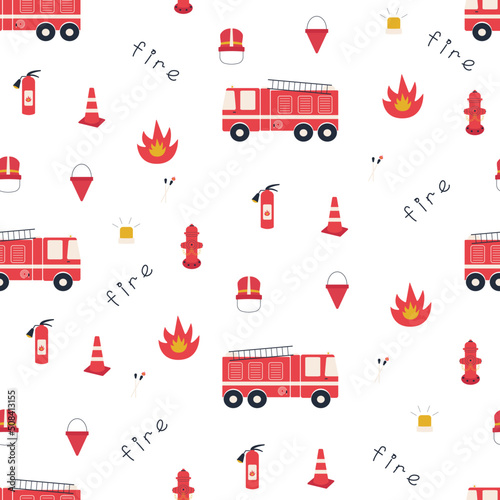 Hand drawn cartoon seamless firefighter pattern. Red toy fire truck, fire extinguisher, hydrant, fireman helmet, bucket. Baby pattern with city service cars in Scandinavian style. Kids print. 