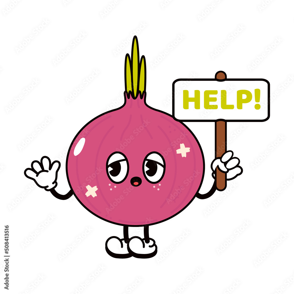 Sad suffering sick cute red onion asks for help character. Vector flat