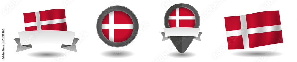 Denmark flag vector collection. Pointers, flags and banners flat icon. Vector state signs illustration isolated on white background. Denmark flag symbol on design element.