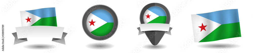 Obraz premium Djibouti flag vector collection. Pointers, flags and banners flat icon. Vector state signs illustration isolated on white background. Djibouti flag symbol on design element.