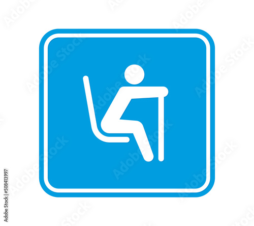 Vector blue square sign - black silhouette of an old man with a crutch. Let sit down symbol. Isolated on white background.