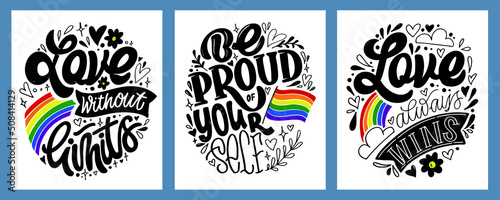 Pride month - LGBTQ label lettering. Love is love. Pride postcard. T-shirt design.