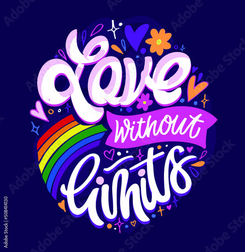 Pride month - LGBTQ label lettering. Love is love. Pride postcard. T-shirt design.