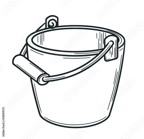Round bucket with handle. Doodle sketch style. Linear simple drawing of a pail with strokes. Isolated vector illustration.