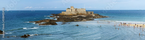 National Fort - Saint Malo, France - August 2019 : Visit of the privateer city of Saint Malo in Brittany, passing by the fortifications and the beautiful beaches and nice view on the National Fort