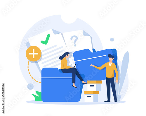 Office worker holding giant folder for storing papers. Modern concept of file management system, online document storage service
