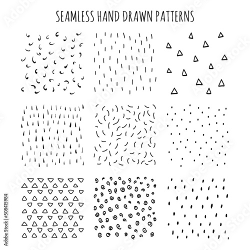 Vector set of 9 seamless patterns. Hand-drawn collection of textures for fabric, textile and linen, decoration and invitation, wallpaper, pattern fills or web page background, gift and wrapping paper