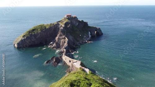 aerial video footage of the shrine of San Juan de Gaztelugatxe in the basque coast in Basque Country, Spain