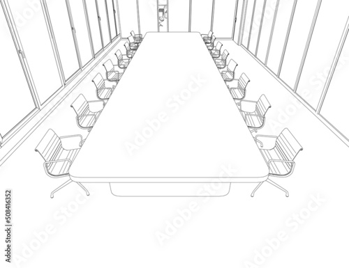 Outline of a meeting room with a large oval table and many chairs from black lines isolated on a white background. Vector illustration.