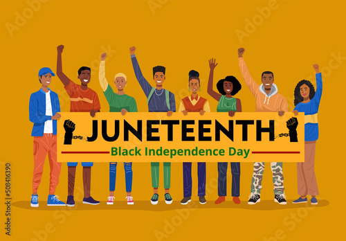 Juneteenth celebrations, Group of happy African people holding banner. Vector