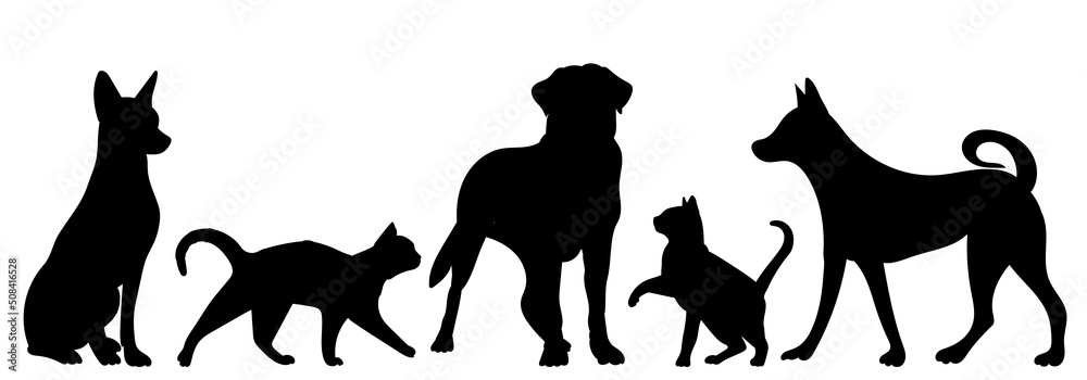cats and dogs silhouette on white background, isolated