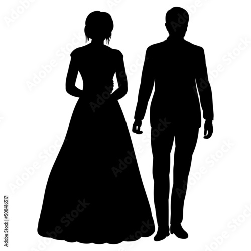 bride and groom silhouette on white background, isolated, vector