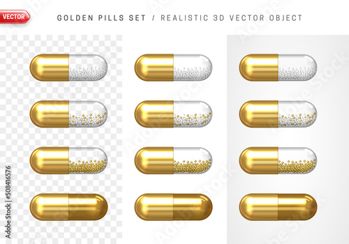 Gold Pills set. Capsule with a gold and transparent part with white and gold granules. Pharmaceutical product. Drug design. Health care and medicine, health and beauty concept. 3D Vector