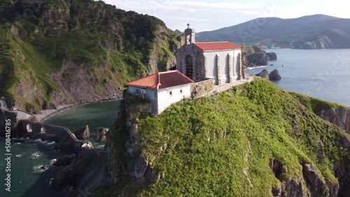 aerial video footage of the shrine of San Juan de Gaztelugatxe in the basque coast in Basque Country, Spain