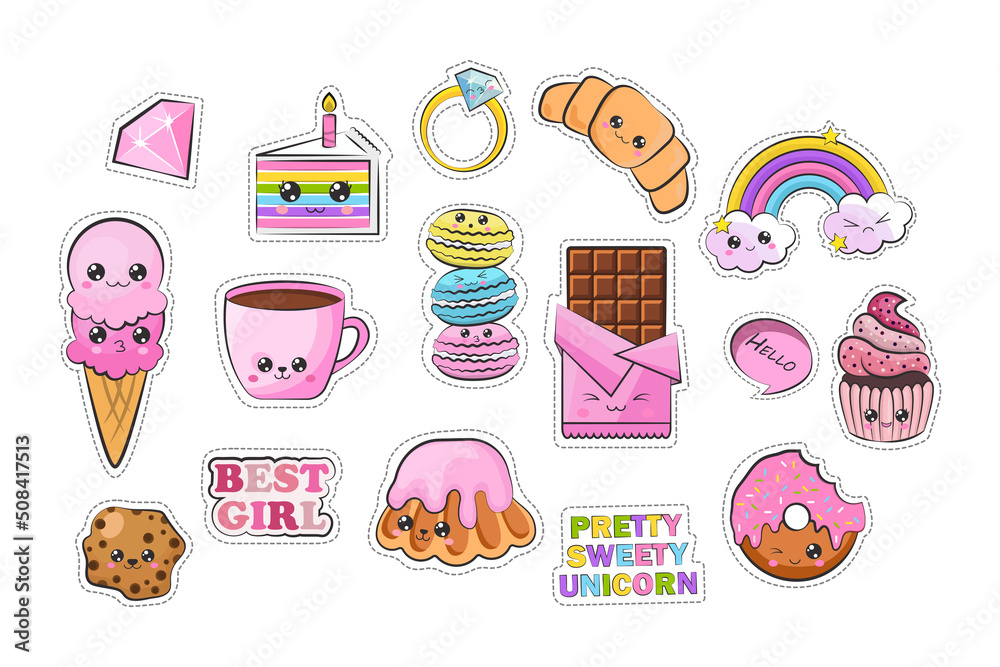 Set of Cute Kawaii Stickers Illustration. The collection consists