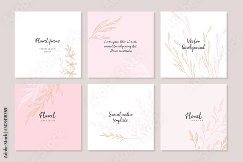 Pink background with copy space for text and line drawings flower elements. Editable  luxury elegant vector banner for social media post, card, cover, invitation, poster, mobile apps, web ads