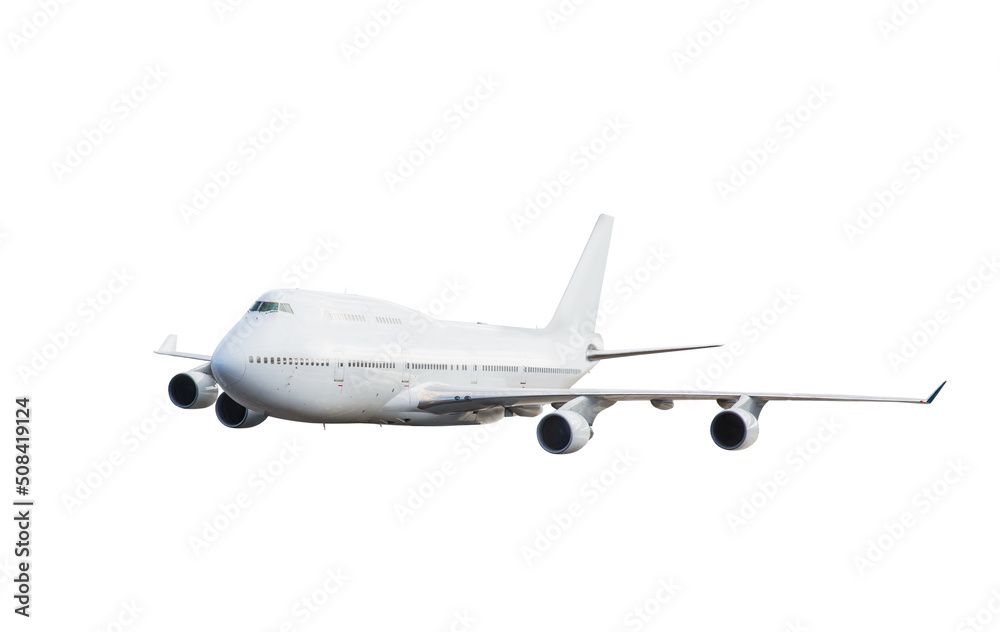 White air plane take off flying isolated on white background