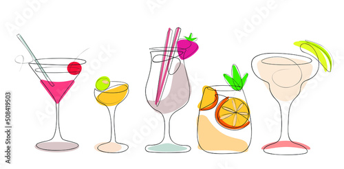 Minimalistic illustration of a set of five cocktails in line art